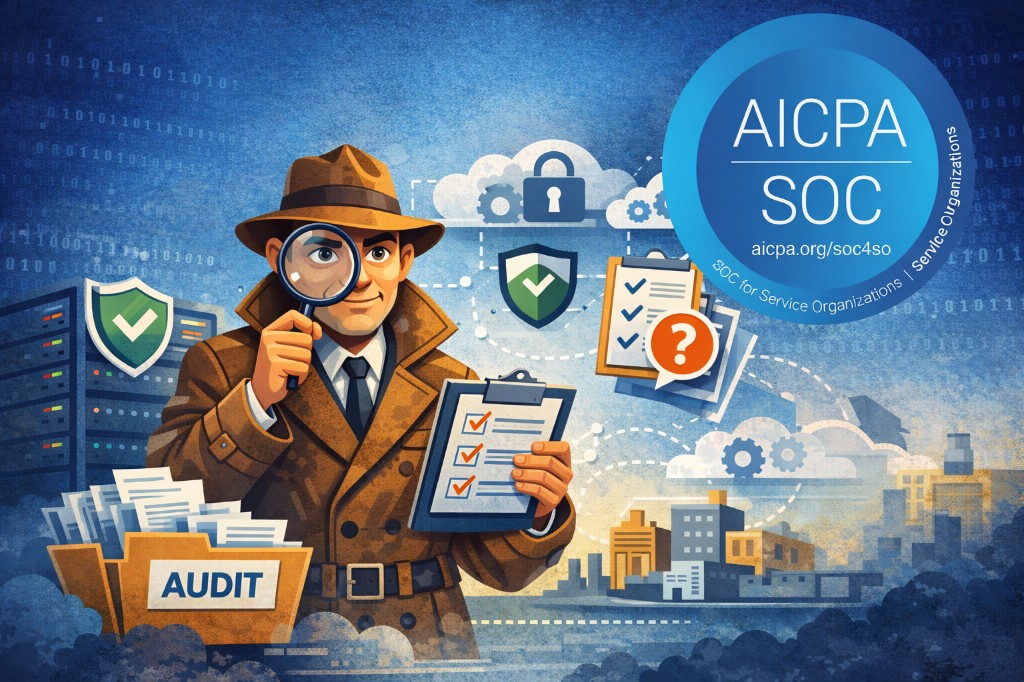 Illustration of an auditor inspecting SOC documents.